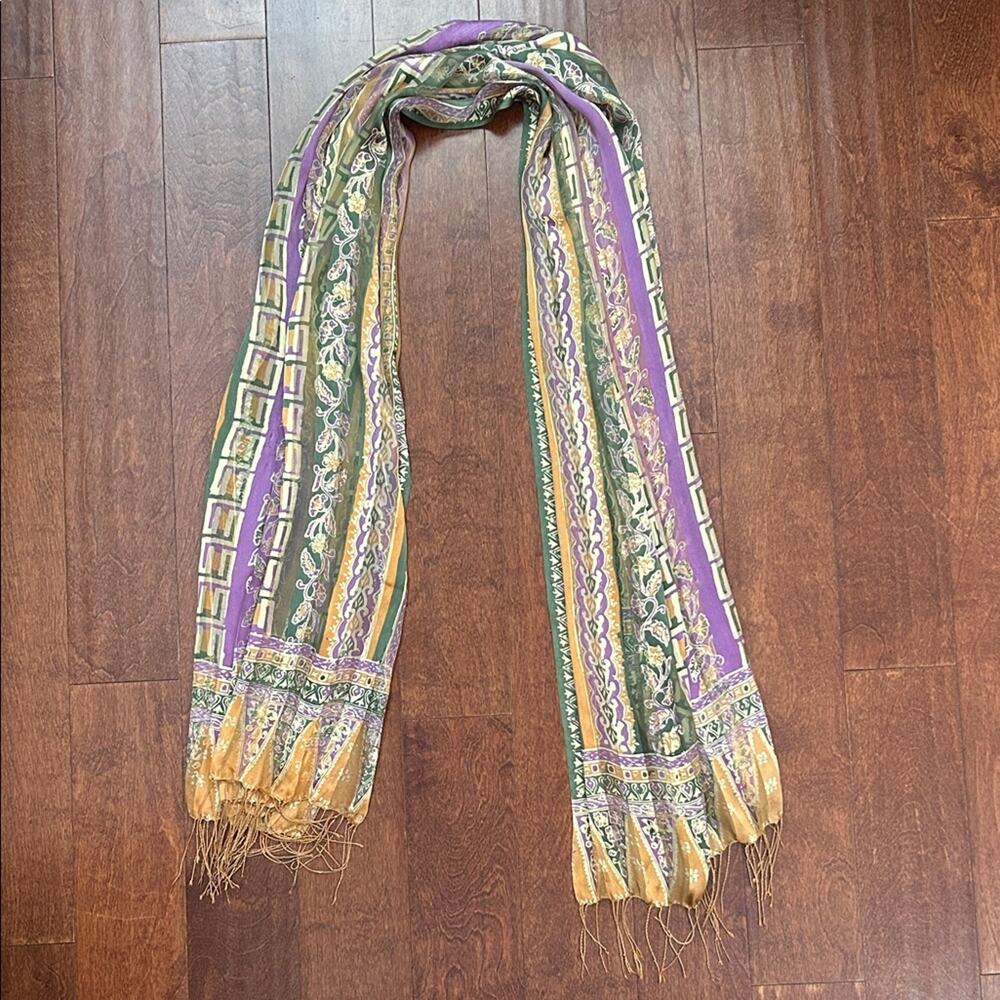 Oversized Bohemian Multicolor Patterned Silky Scarf - Picture 7 of 15